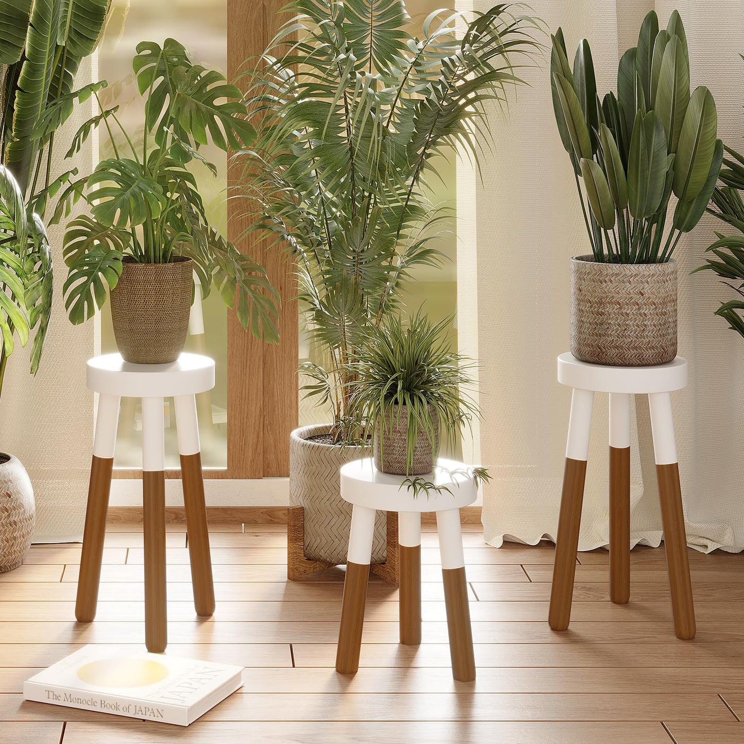 LitaEther 12" Reverse Dipped Wood Plant Stand, Wood Accent Stool,Milking Stool Drinking Table Small Side Table Set (18"+20" Tall)