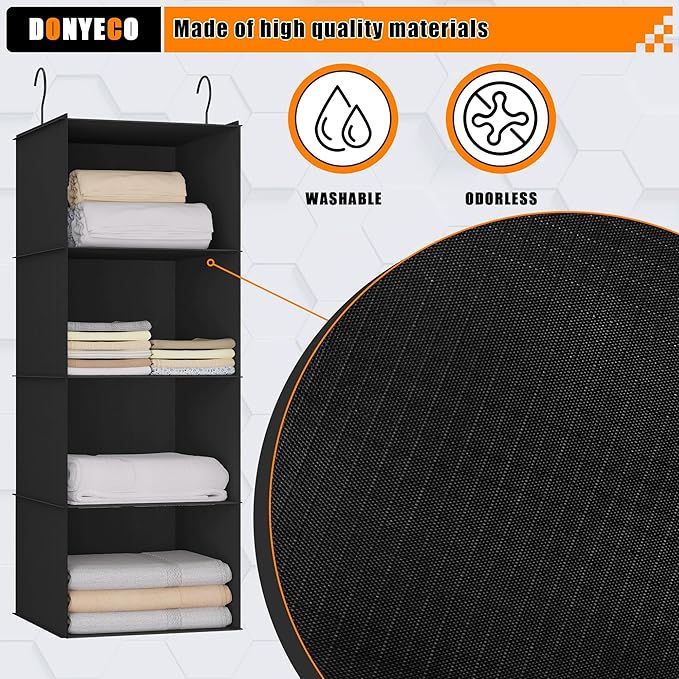 Hanging Closet Organizer 4-Shelf, Oxford Fabric Wardrobe Storage, Black | Easy-mount foldable design holds clothes, handbags, shoes & accessories; washable Oxford fabric, sturdy and space-saving.