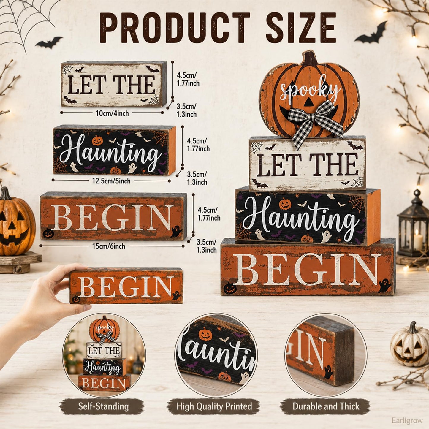 4 Pcs Halloween Table Decorations Pumpkin Bow Tiered Tray Decor Farmhouse Rustic Wooden Block Signs Spooky Halloween tabletop Centerpiece for Home Kitchen Mantel Shelf