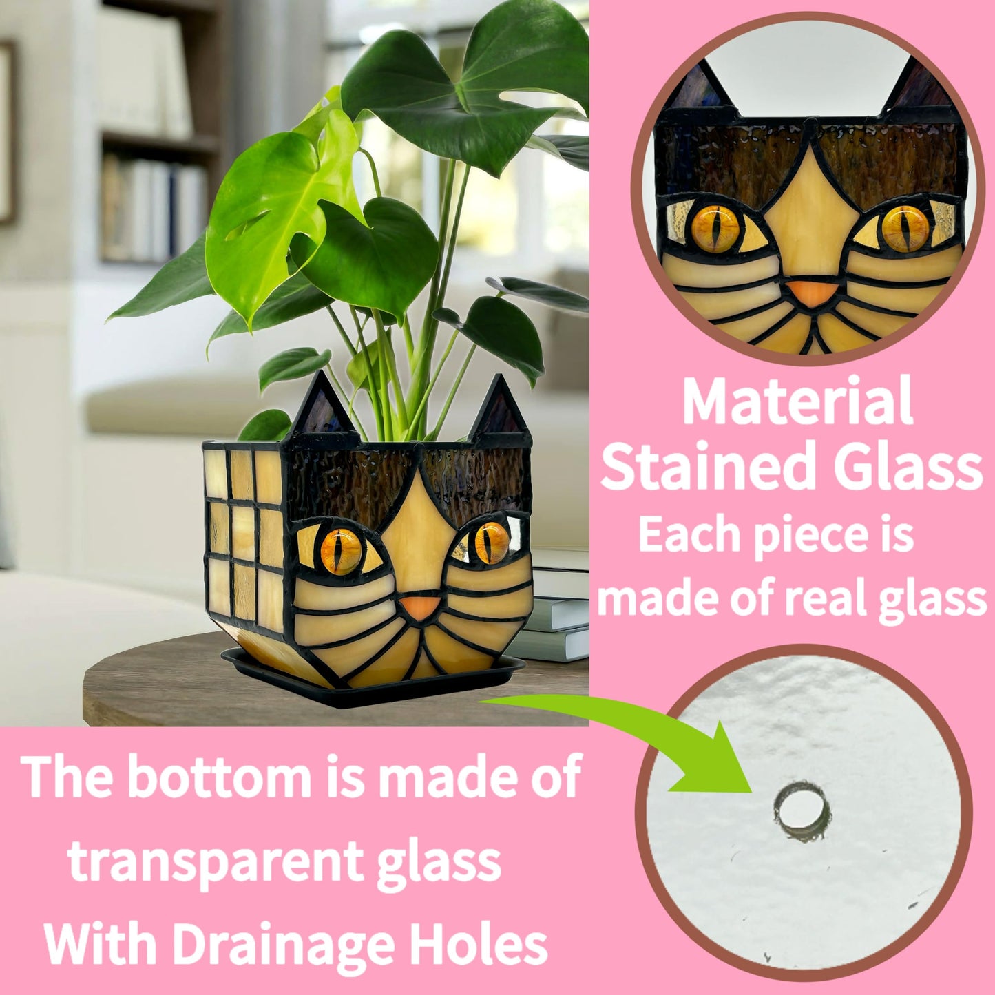 Entlityful Yellow Cat Plant Pot with Drainage,Cute Planters for Indoor Plants,Stained Glass Cat Flower Pots,Fun Candle Holder Glass Container,Gifts for Gardeners Woman