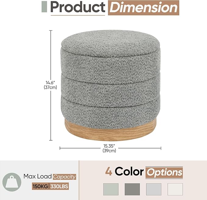 Round Storage Ottoman with Reversible Tray Lid, Folding Chenille Fabric
