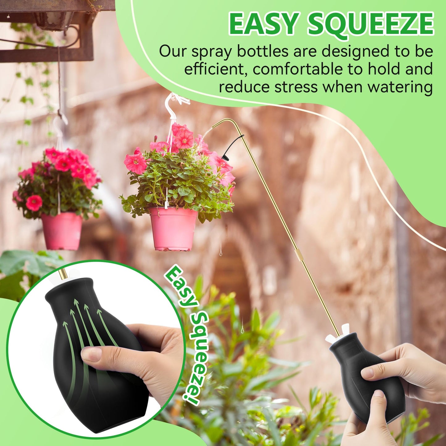 Squeeze Bottle for Hanging Plants, 19" Long Spout Plant Watering Bottle, Easy Squeeze Indoor/Outdoor Watering Can Alternative, Precise Sprinkling for Hanging Baskets, Houseplants(Black,8 oz,1 Pack)