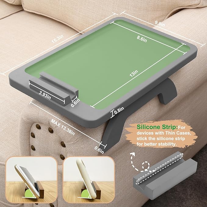 SINWANT Couch Armrest Table, Bamboo Couch Arm Table 360° Phone Holder, Foldable