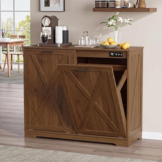 Double Tilt Out Trash Can Cabinet, Wooden Farmhouse Kitchen Garbage Bin Enclosure with Negative Ion Odor Control, Hidden Dog Proof Trash or Laundry Basket Storage for Laundry Room, Walnut
