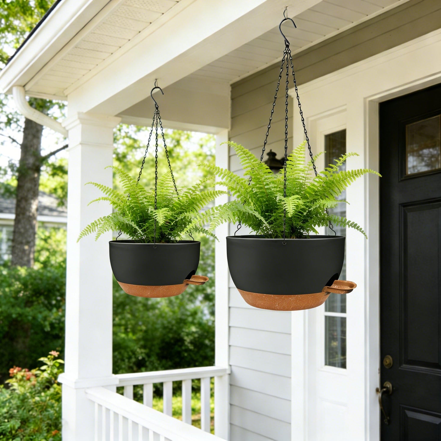 CNLBO 12 Inch Self Watering Hanging Planters 2 Pack, Indoor Outdoor Hanging Pots for Plants with Drainage Holes & Saucers, Black Brown Plastic Hanging Baskets for Kitchen Balcony Garden