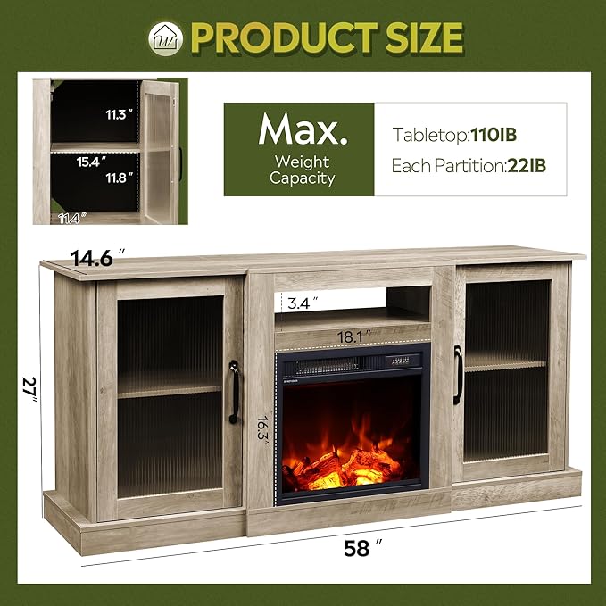 WLIVE Fireplace TV Stand for 65" TV, Entertainment Center