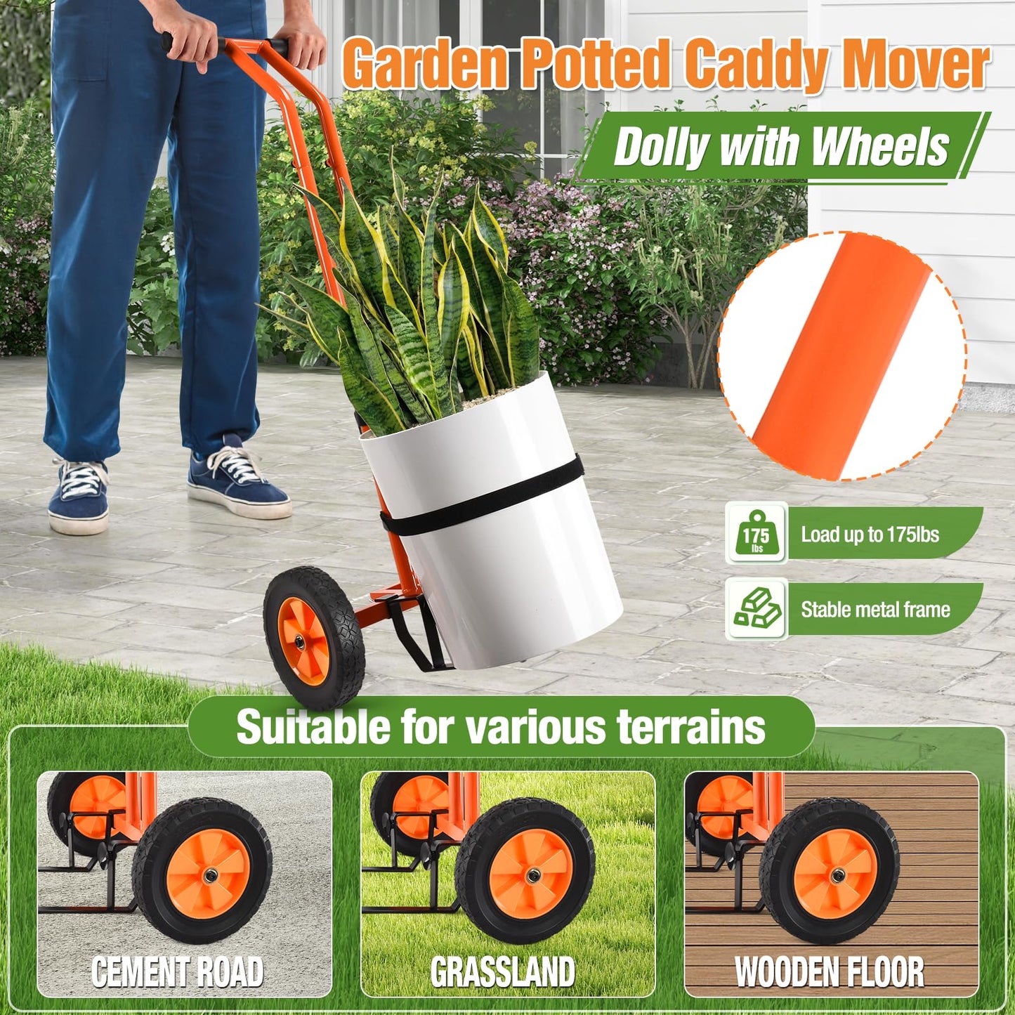 Plant Caddy with Wheels, Heavy Duty Plant Mover Cart with Adjustable Grabbing Arm and Strap, 175 LBS T-Handle Plant Dolly with Suction Cups for Plant Pots Garden Pot Trolley Indoor Outdoor Use, Orange