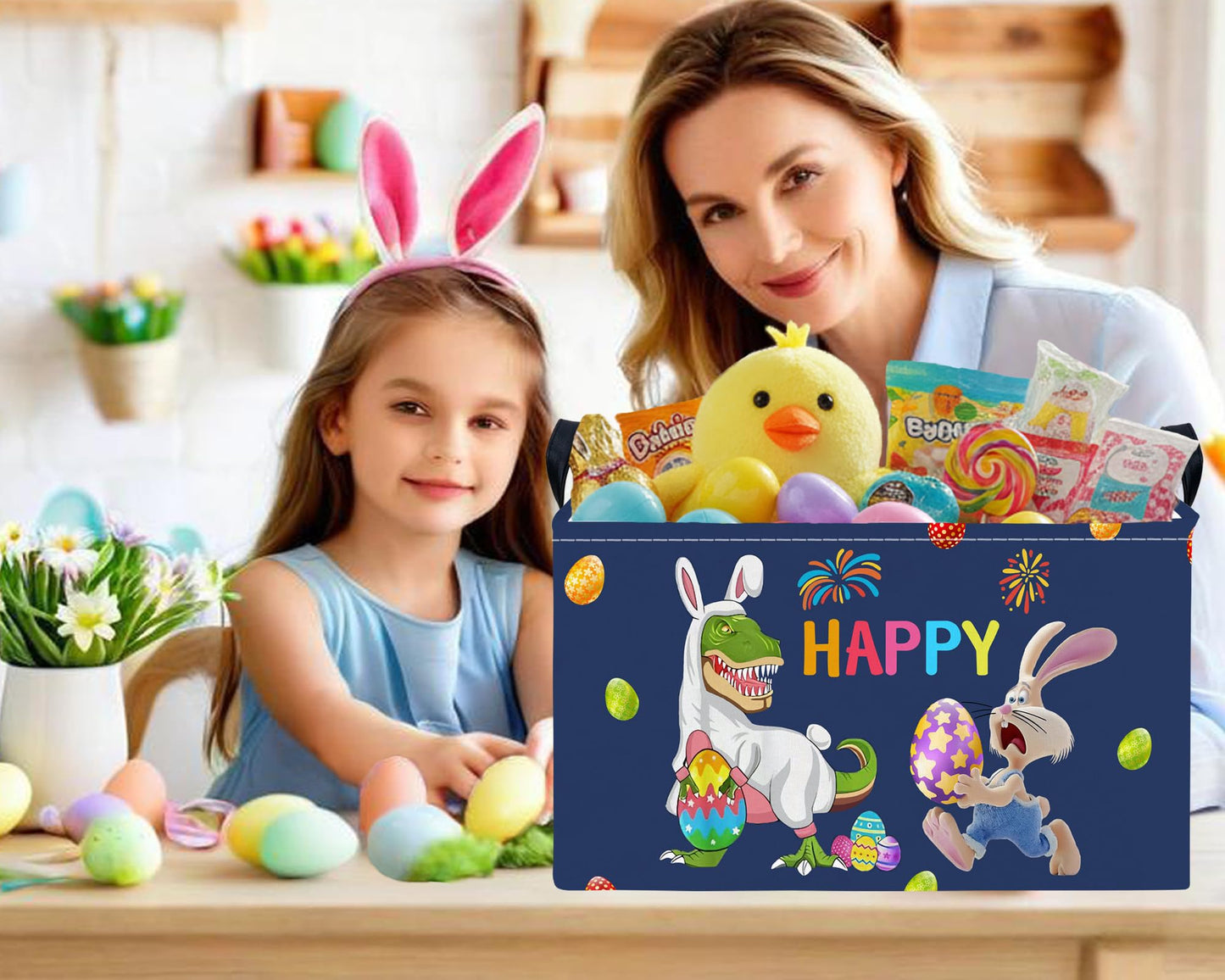 TUAUAN Large Easter Basket Folded Teen Eggs Box Canvas Empty Shelf Storage Bin Bunny Room Decor (Deep Blue)