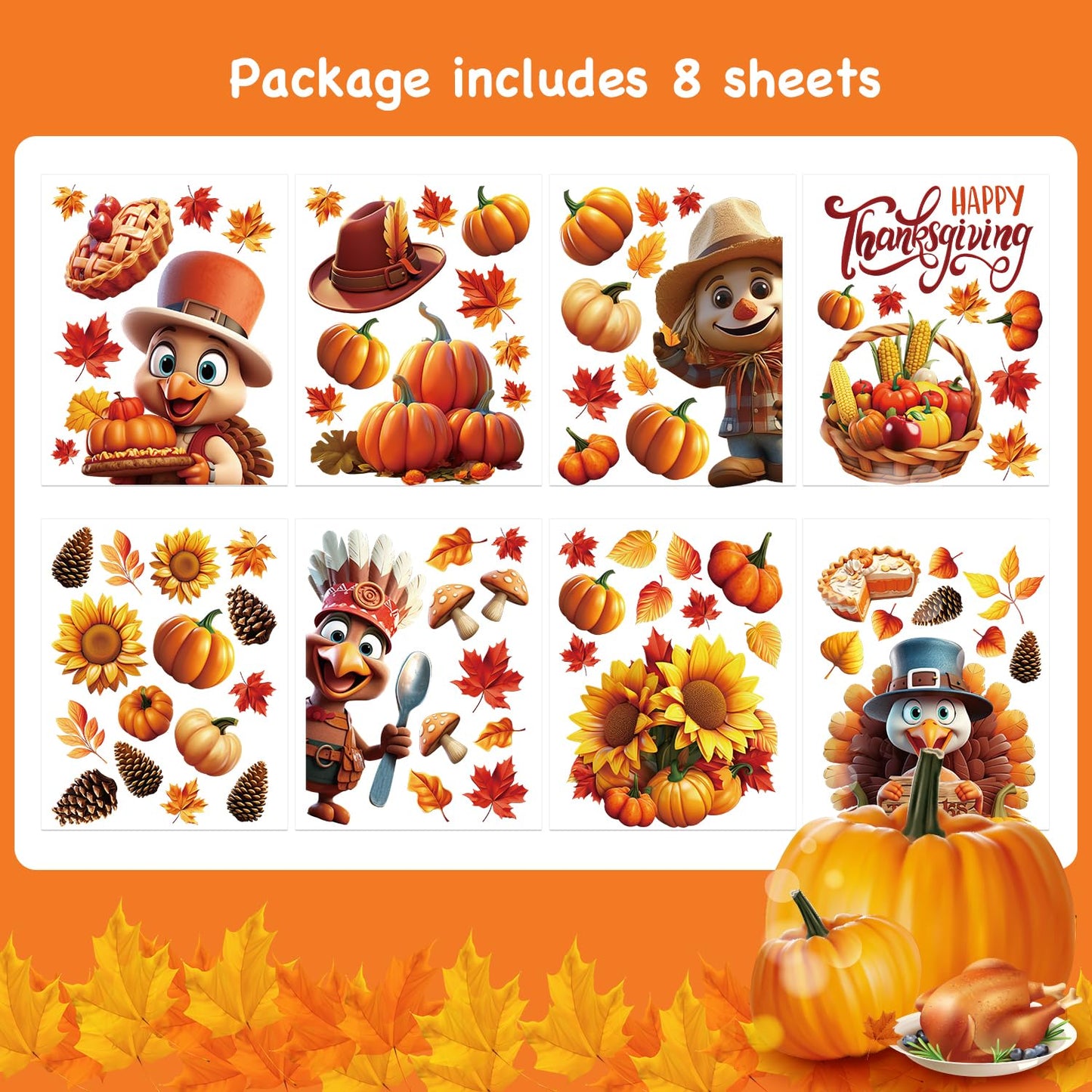 LOKIPA 3D Thanksgiving Window Stickers, 8 Sheets Thanksgiving Window Clings Double Sided Windows Decals for Thanksgiving Windows Decorations