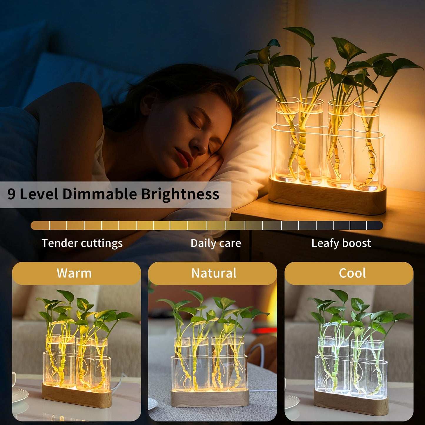 Plant Propagation Station with LED Lights, 4 Glass Test Tubes, Oak Stand, 3 Lighting Modes 9-Level Dimming, Rear USB-C Hidden, for Window Sill Desk Shelf, Gift for Plant Lovers