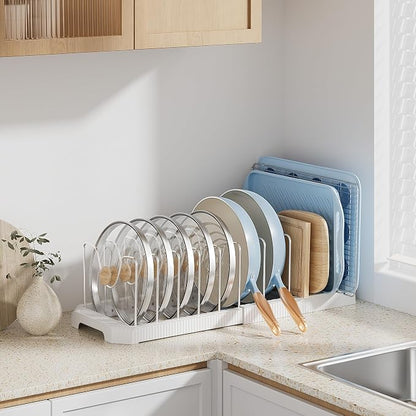 MUDEELA Pots and Pans Organizer under Cabinet, Expandable Rack with Pot Lid Holder and 12 Adjustable Dividers, Pan Organizers inside Cabinet for Kitchen Organization, Cutting Boards, Baking Sheets