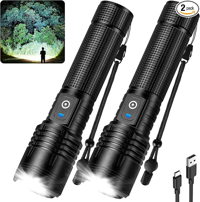 Kmivo Rechargeable LED Flashlight, 100,000 High Lumens Super Bright Tactical Flashlight, 5 Modes Adjustable Focus, Waterproof Powerful Handheld Flash Light for Camping Home Emergency (2 Pack)