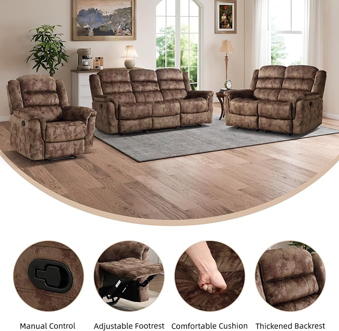 EBELLO 3 Pieces Reclining Living Room Set, Overstuffed Soft Fabric Manual