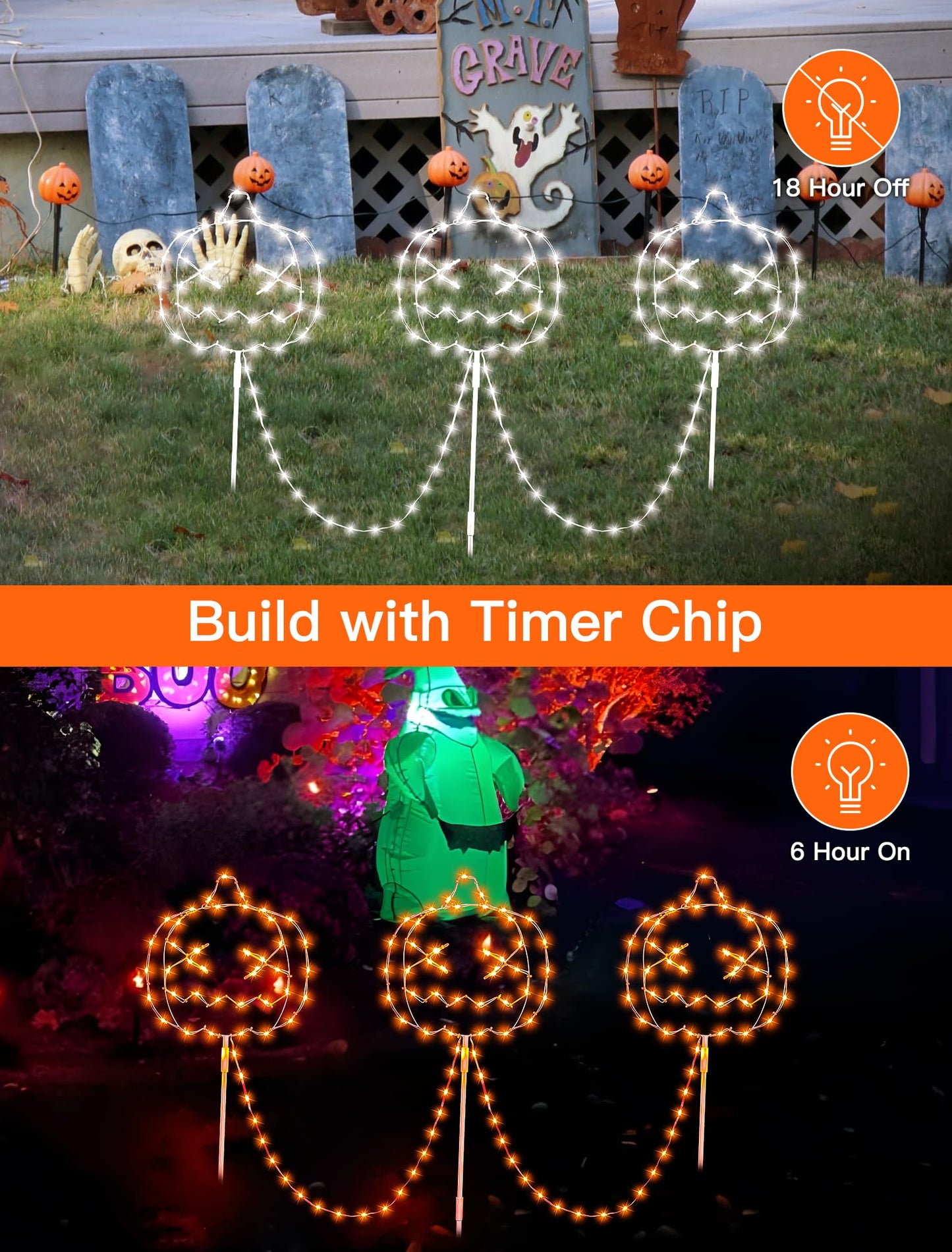 Qunlight Halloween Walkway Lights,163LED Outdoor Pumpkin Decorations Light Plug in,Timer 8 Modes Garden Stake String Lights for Pathway,Fence,Patio,Yard,Party,Halloween Decor-Orange