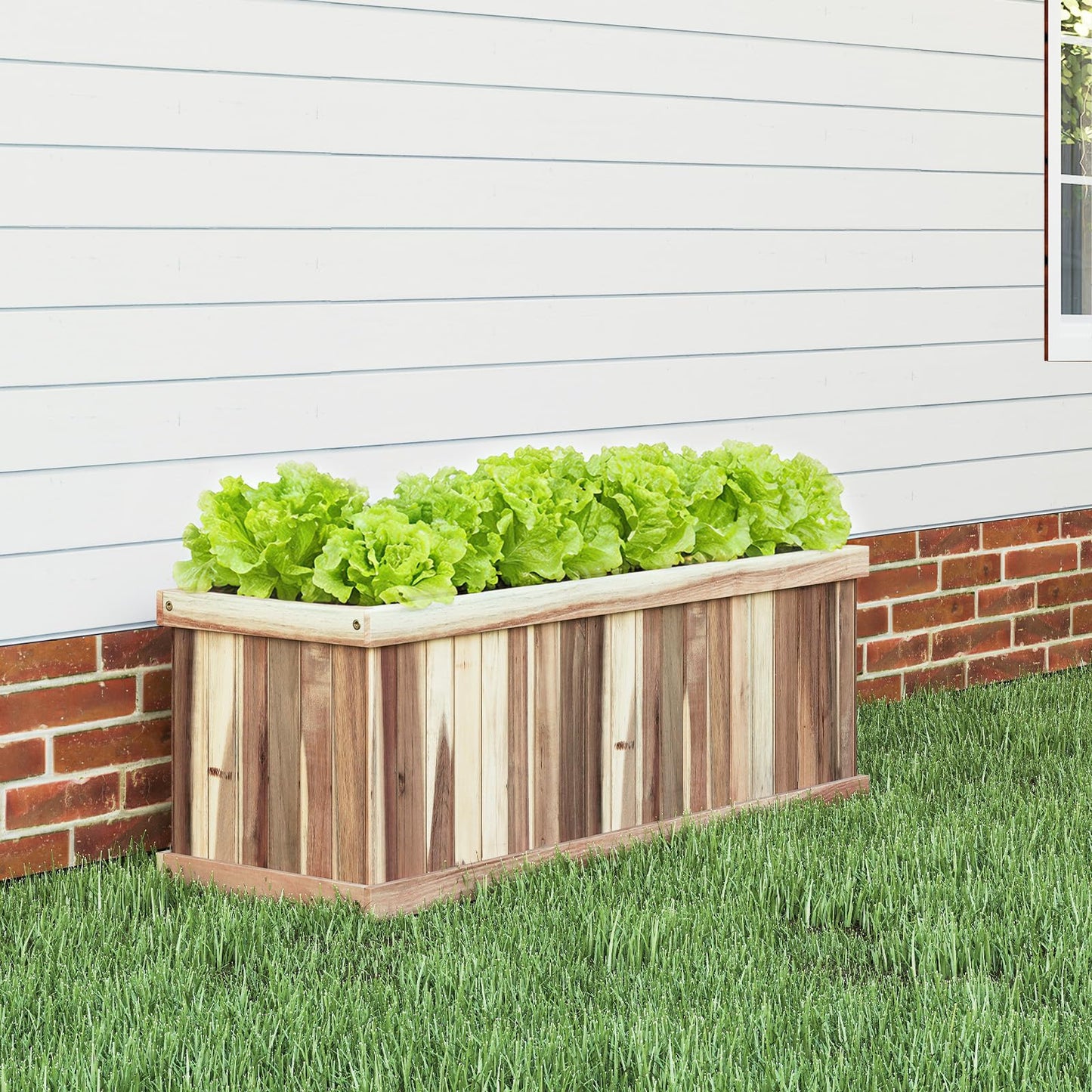 Giantex Acacia Wood Raised Garden Bed, Rectangular Planter Box w/Drainage Gaps, Floor Standing Window Mount for Flower Vegetable Herb Fruit, Outdoor Plant Container for Backyard, Lawn, 36"x12"x12"