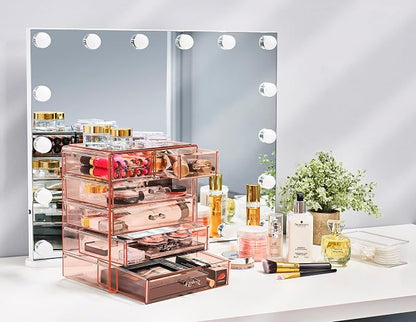 Sorbus Acrylic Makeup Organizer Set, 6-Drawer Vanity & Countertop Cosmetic Storage with Small & Wide Drawers, Pink Makeup Storage for Brushes, Lipsticks, Jewelry – Holiday Gift for Women & Teens