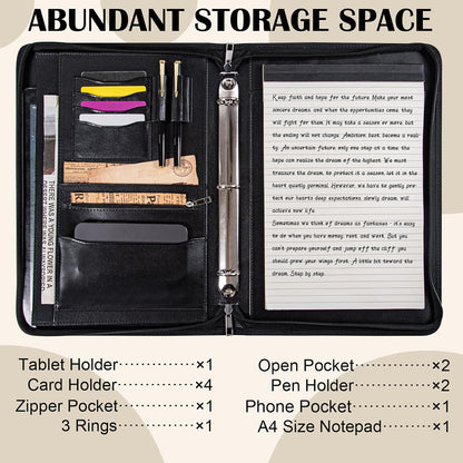 Calfinder Personalized Padfolios Portfolio Binder,3 Ring Leather Binder with Zipper,Professional Padfolios for Women&Men, Business Portfolio Organizer for Resume, Leather Folder for Ipad
