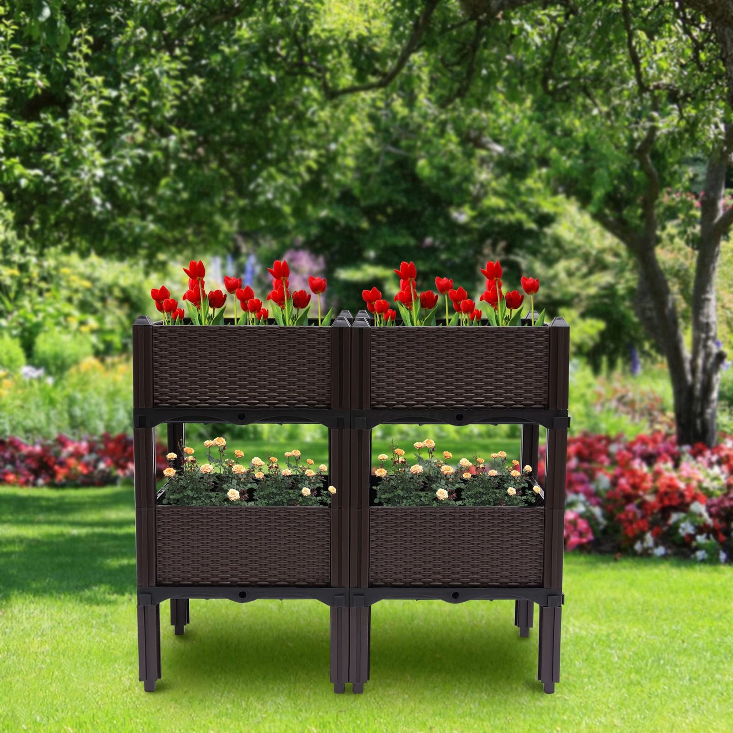 DYRABREST Set of 4 Raised Garden Bed Self-Watering Plastic Planter Box Stand with Legs, Sun and Frost Resistant Planter Outdoor Vegetable Growing Bed for Flower Herb Backyard, Patio, Balcony