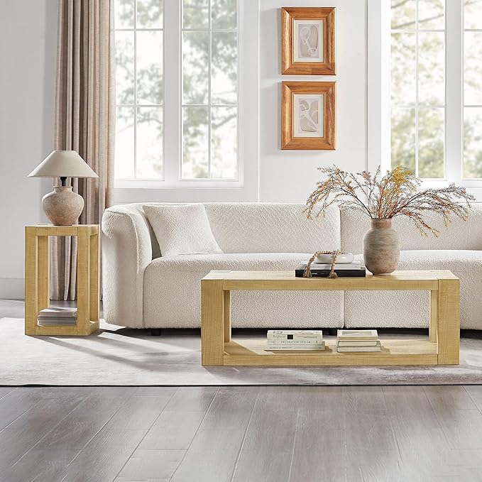 Modern 48 Inch Rectangular Coffee Table, 2-Tier Wood Veneer Living Room Center