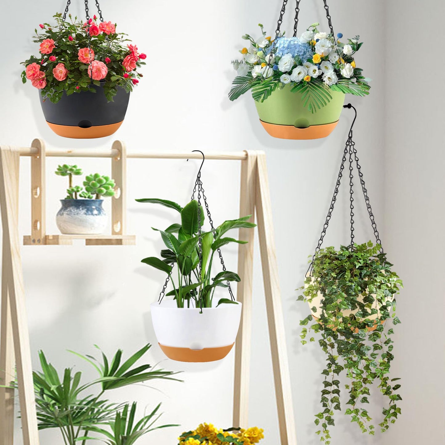 KPUVX 4 Pack Plastic Hanging planters for Indoor Plants,8 Inch Plant Pot Indoor Outdoor Hanging Baskets,Hanging Flower Pots with Drainage Holes and Chain for Garden Porch Plants(White)