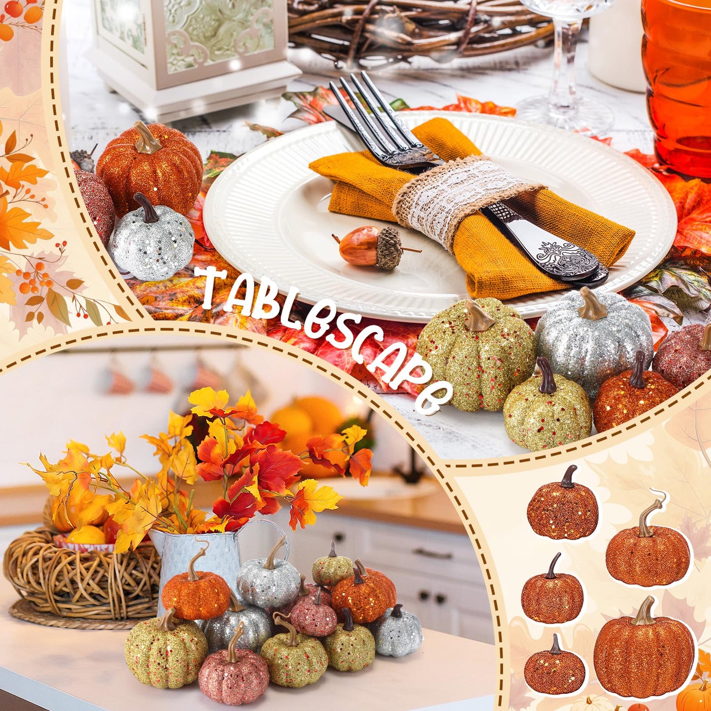 Simgoing 24 Pcs Thanksgiving Glitter Mini Pumpkin Decor Orange, Silver, Gold Small Artificial Foam Pumpkins Fall Tree Hanging Ornament Tiered Tray Decor for Autumn Thanksgiving Party Indoor Home