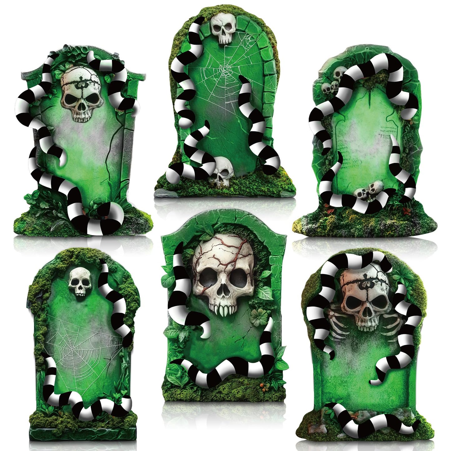 DoubleFill 6 Pcs Halloween Tombstone Worm Yard Sign Halloween Decorations Outdoor Green and Black White Worm Gravestone with Stakes Waterproof Graveyard Lawn Yard Sign for Haunted Garden Decor