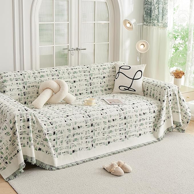 DREAMINGO Abstract Chenille Couch Cover Blanket Beige Green Black Boho Sofa