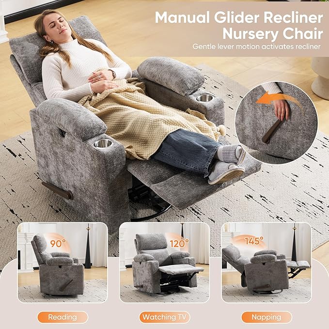 Swivel Rocker Recliner with Adjustable Armrests, Rocking Nursery Chair with