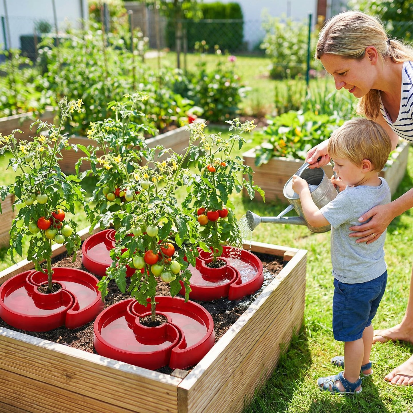 8 Sets Tomato Watering Trays, Surrounding Red Tomato Automator Tray, Root Irrigation Trays for Vegetables, Reduce Runoff, Weed Control, Boost Growth for Tomatoes, Peppers & Garden Veggies
