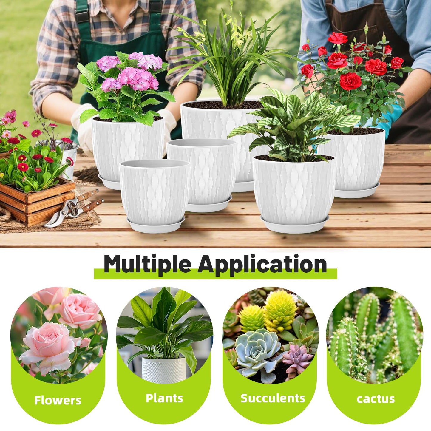 LESOASIS Plastic Plant Pots 10/9/8/7.5/7 inch Set of 5, Flower Planters with Drainage Holes and Saucers, Plastic Pots for Indoor Outdoor Plants, Livingroom Garden Decor (White)