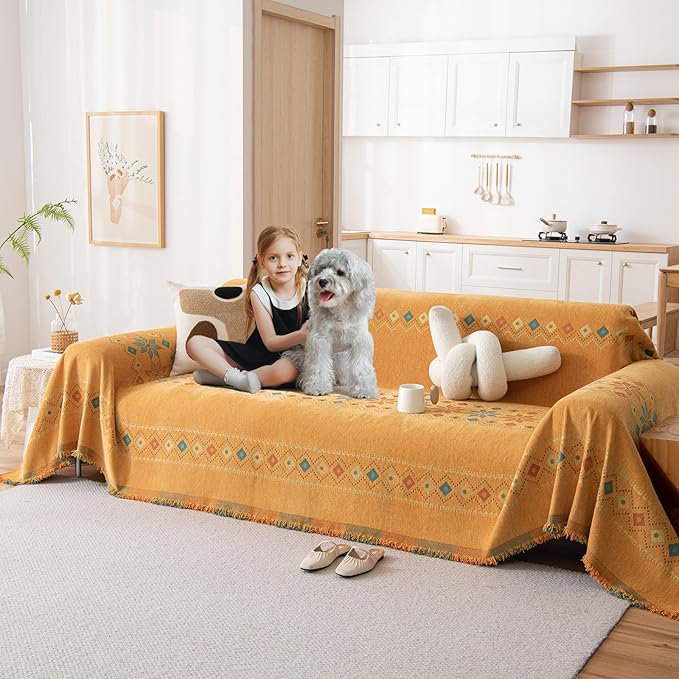 DREAMINGO Orange Boho Sofa Cover Chenille Couch Cover Blanket Vintage Bohemian
