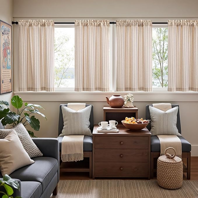 jinchan Striped Linen Kitchen Curtains 36 Inches Length Tier Curtains Farmhouse Modern Cafe Style Small Window Treatments Airy Light Filtering Rod Pocket for Living Room Bathroom 2 Panels Tan