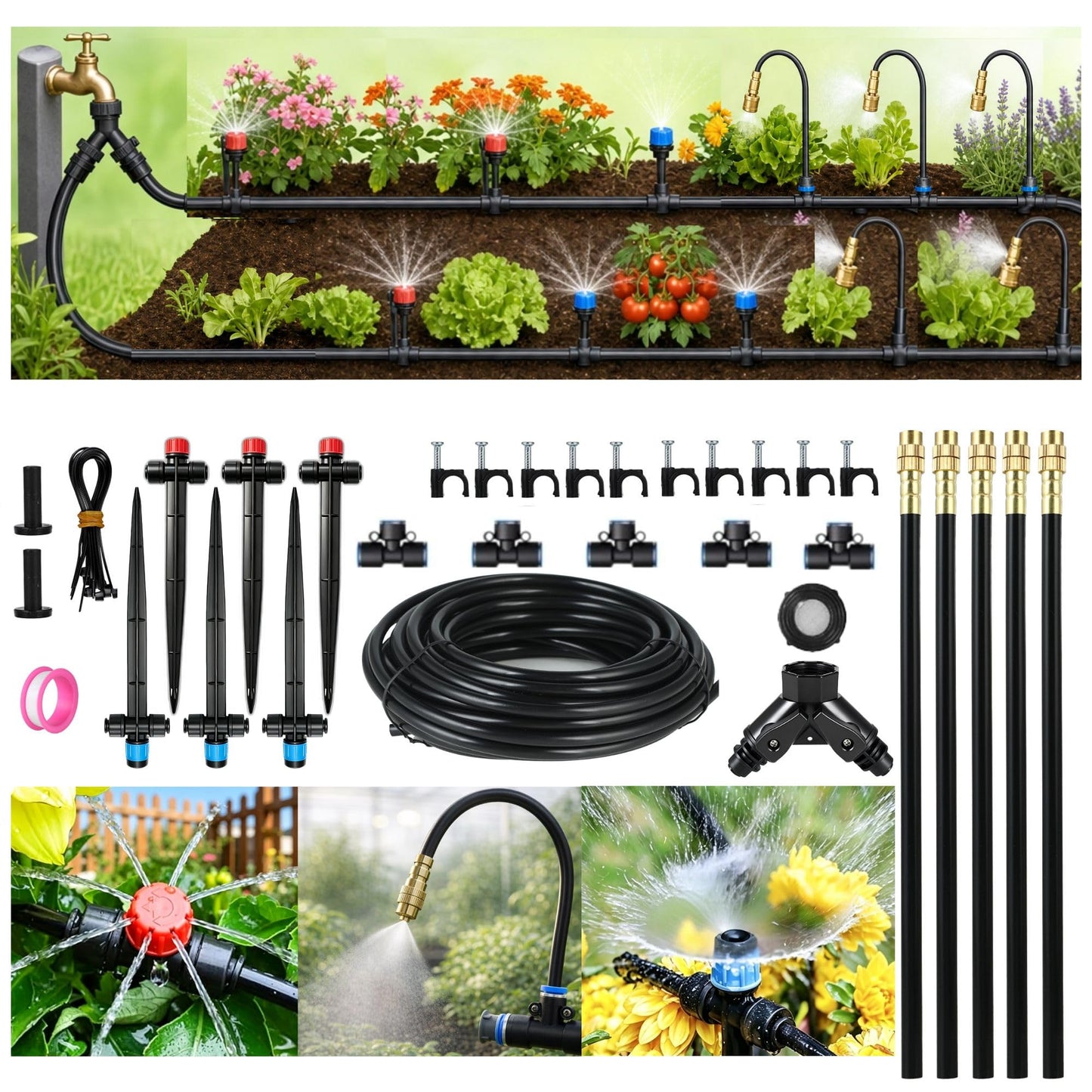 50FT Drip Irrigation System for Starter: Small Garden Quick Connect 1/4" PE Water Tubing Automatic 11Pcs Sprinkler Kit Adjustable Misting Part Watering Hose Outdoor Raised Bed Plants Flower Greenhouse