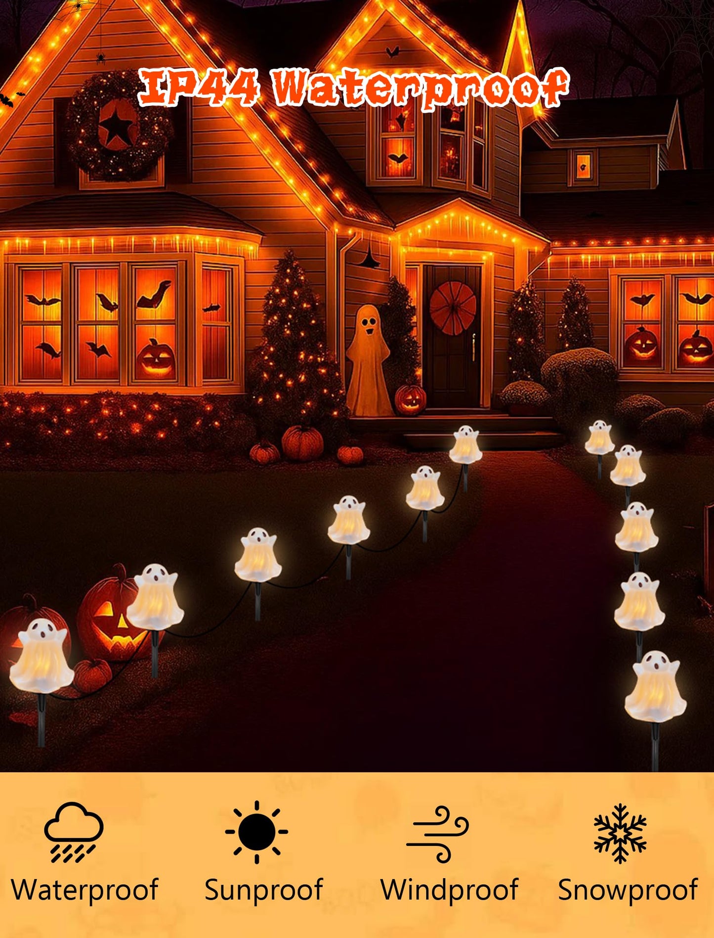 Halloween Pathway Lights Outdoor Decorations, 4PCS 3D Light-Up Ghost Garden Stake Lights, Waterproof Outdoor Lights for Yard, Lawn, Driveway, Halloween Decor