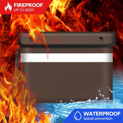 Fireproof Document Bag,5200℉ Insulated Fire Proof Money Bag for Cash,Waterproof Document Pouch with Water Resistant Zipper,8 Layers of Heat Insulated Materials,13.9x10.6 Inch(Brown)