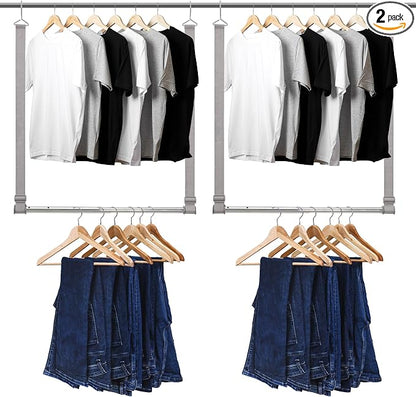 Hanging Closet Rod, 17-28In Width and Up to 32In Height Closet Extender, Double Hanging Bar with Powder-Coated Metal Pole and Adjustable Webbing, Space-Saving Tension Organizer, 2 Pack