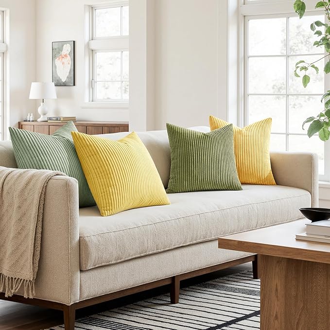 MIULEE Boho Farmhouse Yellow Green Throw Pillow Covers 18x18 Inch Set of 4