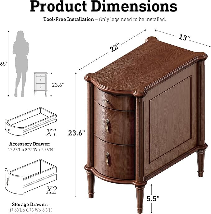 STO'SENSE Nightstand Set of 2 w/Charging Station & 3 Drawers, Pre-Assembled