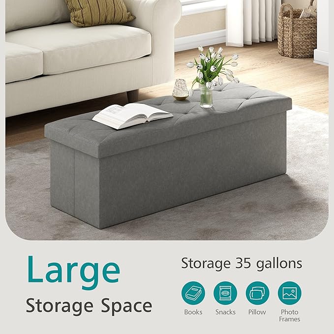 VECELO 43'' Folding Storage Ottoman Bench, Storage Chest, Linen Fabric Foot