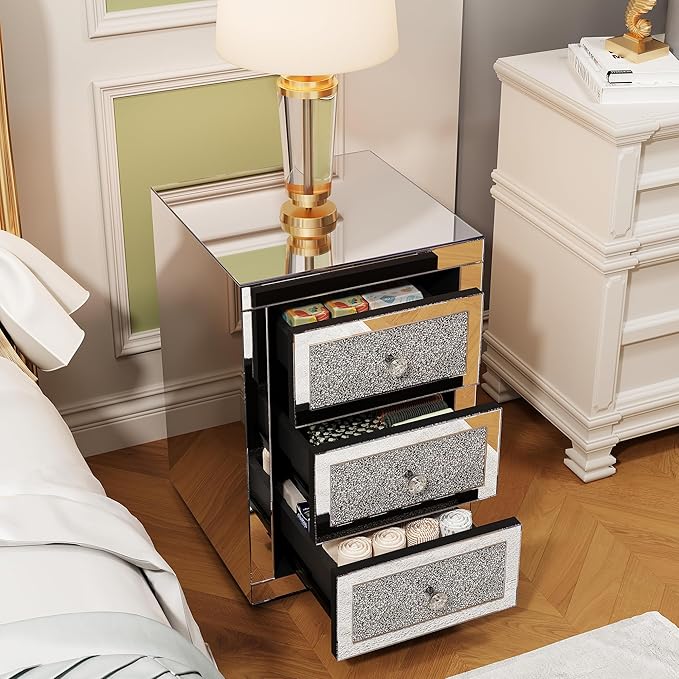 3-Drawer Mirrored Nightstand Bedside Table, Modern Mirrored End Side Table
