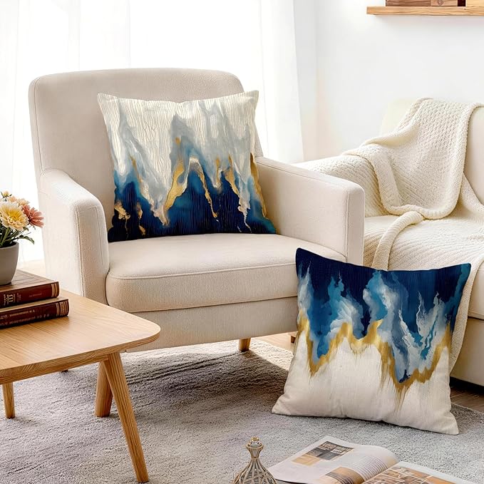 OBSEDE Blue and Gold Abstract Art Decorative Throw Pillow Covers 18 × 18 in