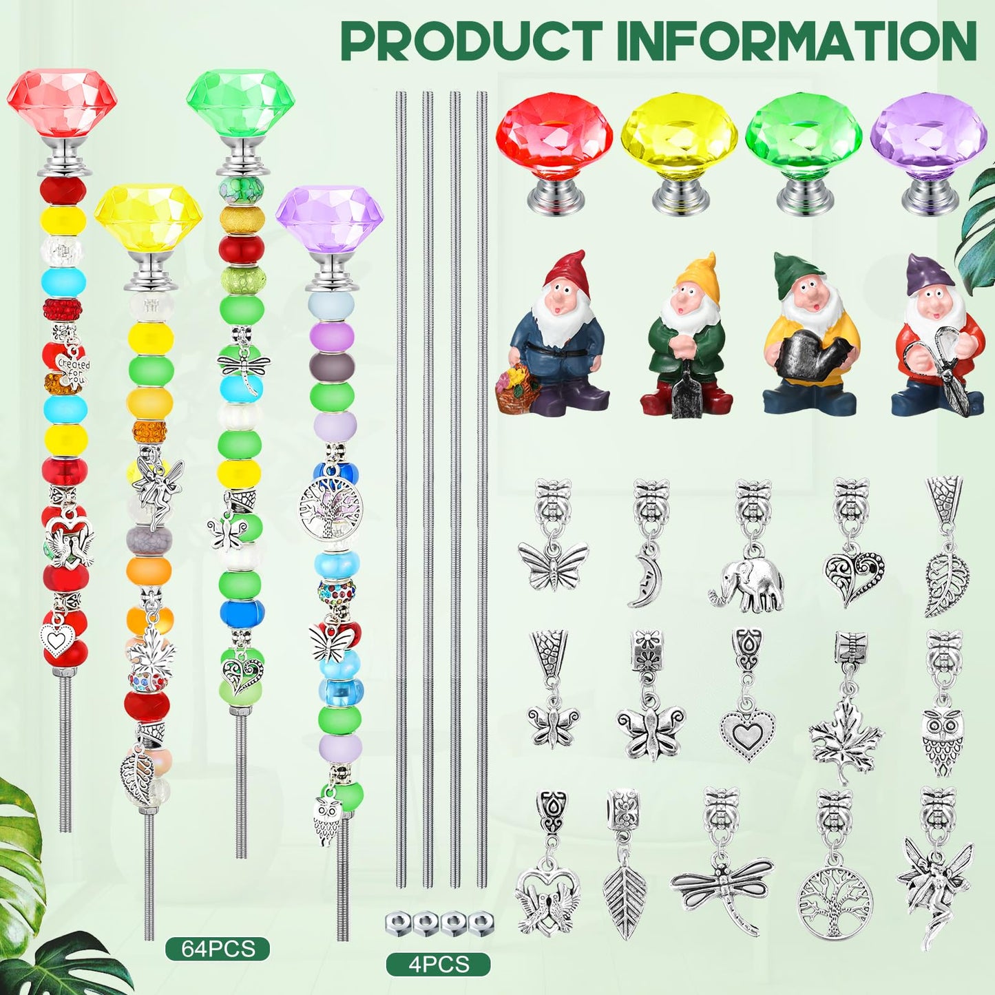 Lineshading 95 Pcs Gnome Garden Stakes Fairy Wand Garden DIY Beaded Stakes Decor 4 Crystal Stopper Top 4 Gnome 64 Large Hole Beads 15 Silver Pendants 4 Threaded Rods 4 Pcs Nuts, for Craft Supply