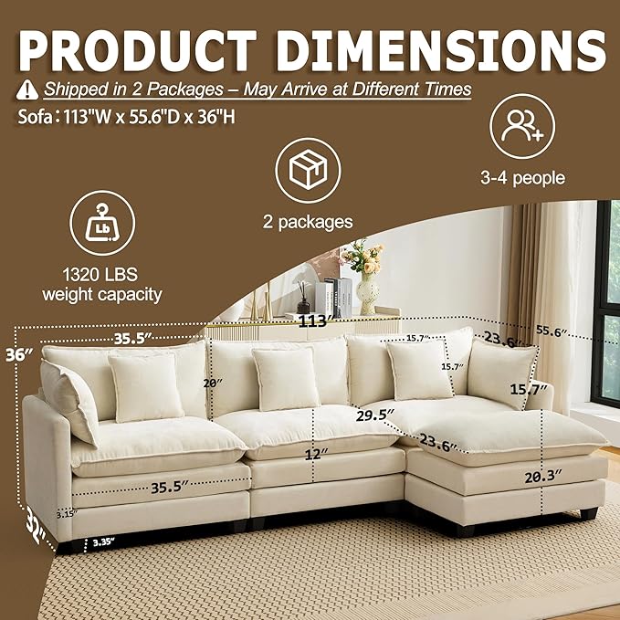 113” Modular Sectional Sofa, L Shaped Cloud Couch