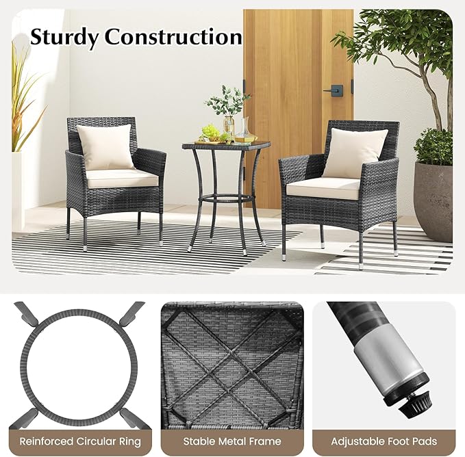 Tangkula 3-Piece Patio Furniture Set, PE Wicker Conversation Bistro Set w/A