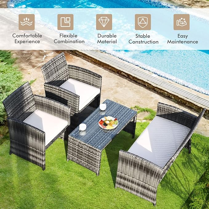 Goplus 4-Piece Rattan Patio Furniture Set, Outdoor Wicker Conversation Sofa