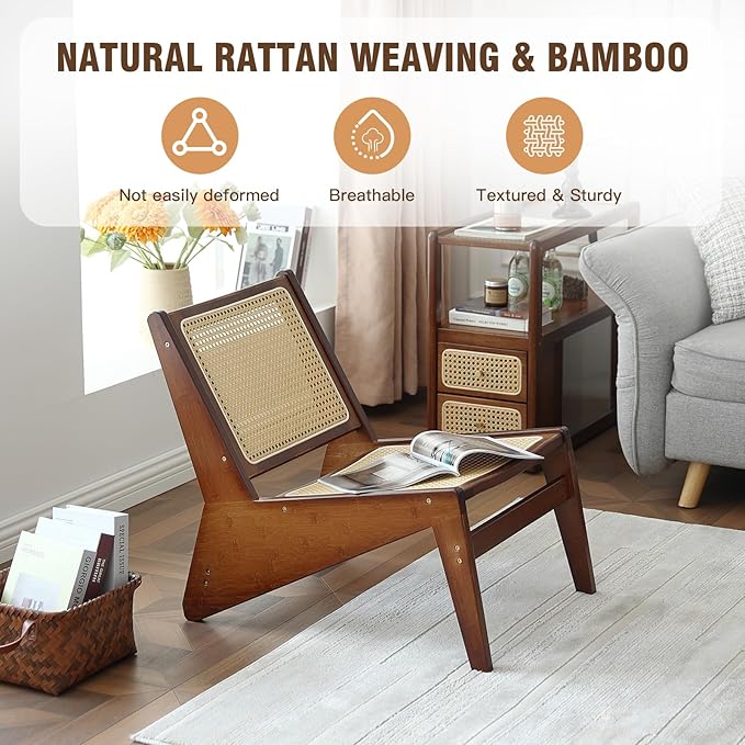 Welnow Mid Century Rattan Accent Chair, Bamboo Wood Lounge Chair