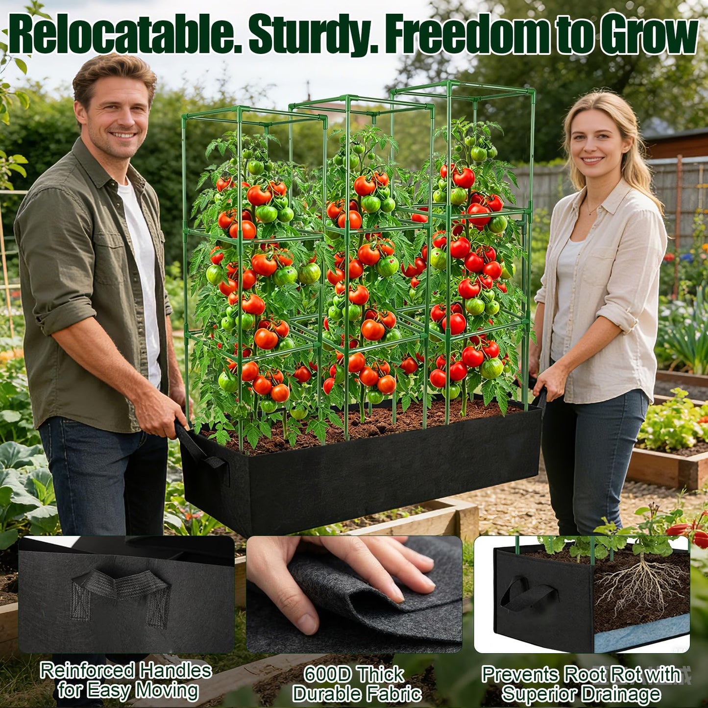BobbleT 3 Pack Heavy Duty Tomato Cages with 86 Gallon Grow Bag, 41" Adjustable Tomato Trellis for Raised Garden Bed, Sturdy Square Plant Support for Climbing Vegetables, Cucumbers & Garden Plants