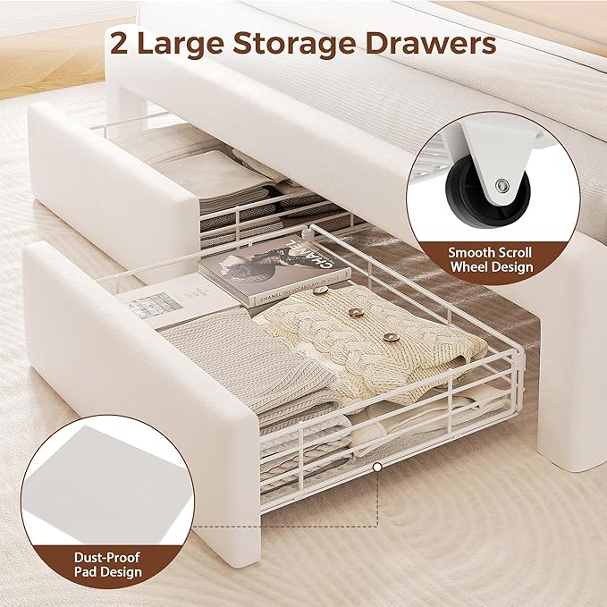 Queen Size Bed Frame with LED Storage Headboard & 2 Storage Drawers, Velvet