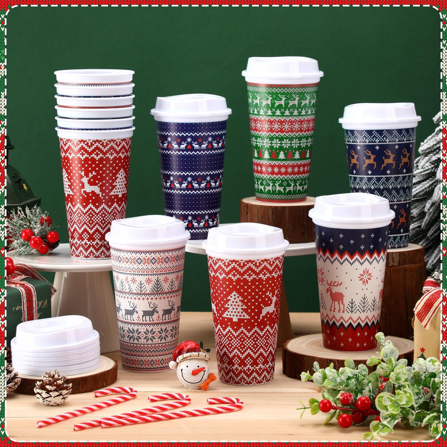 Pickmesh 12 Pack Christmas Coffee Cups Gifts Bulk 16 oz Reusable Coffee Cup Tumblers with Lid Plastic Cups Travel Mug Thank You Gifts for Women Coworkers Holiday Drinks