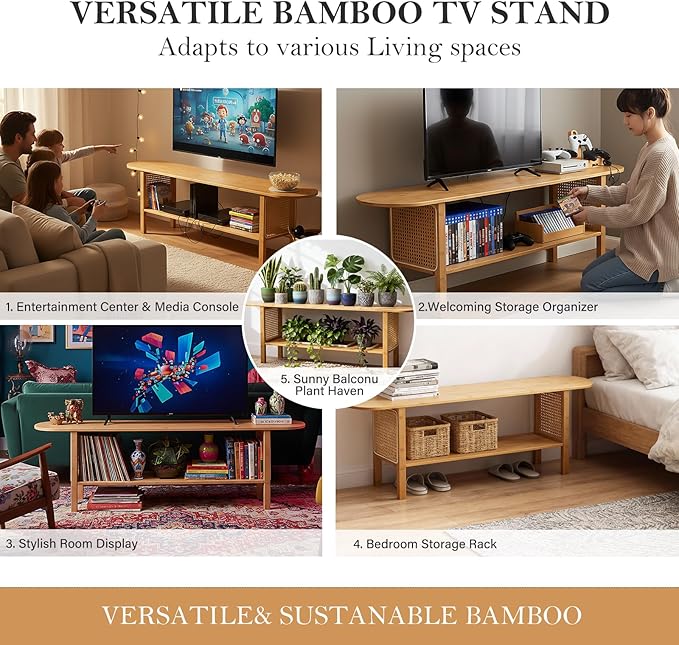 Tiita TV Stand with Storage for TVs up to 65'', Bamboo TV Console Entertainment